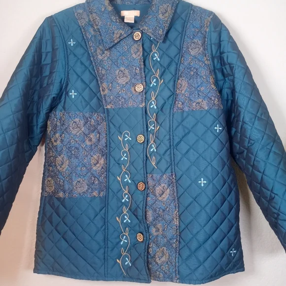 Vintage La Cera Quilted Embroidered Floral Button Up Boho Eclectic Grandpa Coat